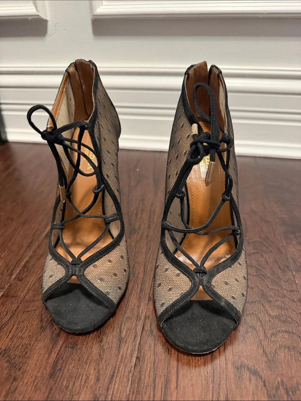 Aquazzura Black Sheer Polka Dot Lace-Up Peep-Toe Stiletto Booties